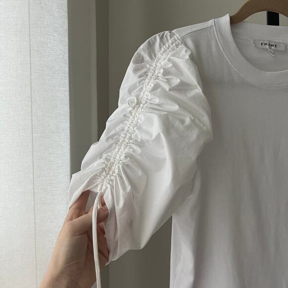 FRAME Ruched-Sleeve Tee Shirt White - Picture 5 of 7